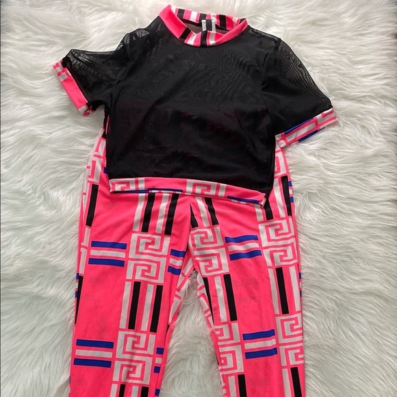 PINK/BLUE Short Sleeve Mesh CropTop & Leggings Set - Picture 6 of 8